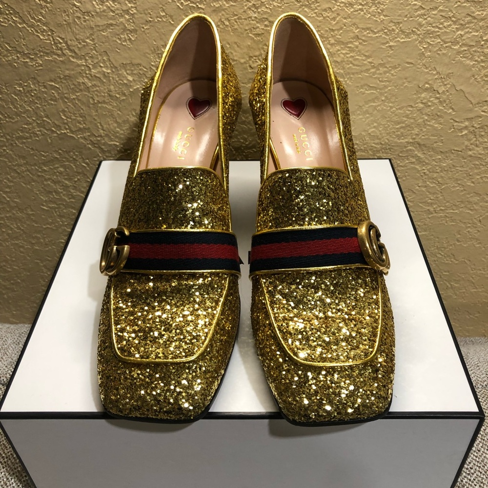 Gucci Glitter Gold Loafers with Red Heart and Blue Stripe - Picture 6 of 11